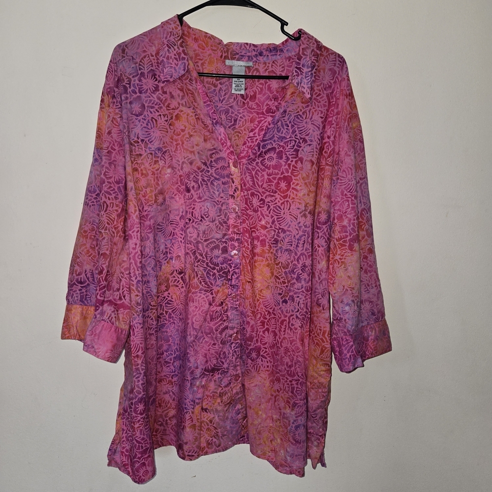 Catherines Lightweight Tropical Floral Pink Button-Up Bright Fun Summer Size 3x